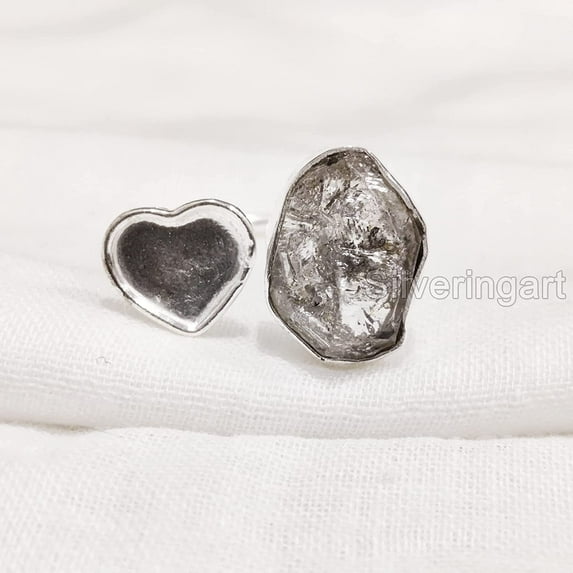 Natural Herkimer Diamond Ring, Rough Herkimer Diamond Ring, Adjustable Heart Ring, 925 Sterling Silver, Womens Ring, Christmas, Thanksgiving, Handmade, Statement Jewelry, Rough Gemstone Jewelry