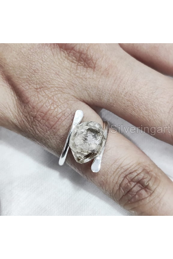 Natural Herkimer Diamond Ring, Rough Herkimer Diamond Ring, Birthstone, Cross Band, 925 Sterling Silver, Womens Ring, Christmas, Thanksgiving, Handmade, Statement Jewelry, Rough Gemstone Jewelry