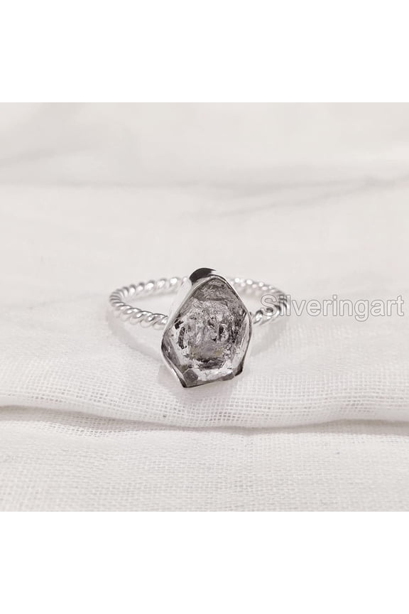 Natural Herkimer Diamond Ring, Rough Herkimer Diamond Ring, Birthstone, Twisted Band, 925 Sterling Silver, Womens Ring, Christmas, Thanksgiving, Handmade, Statement Jewelry, Rough Gemstone Jewelry