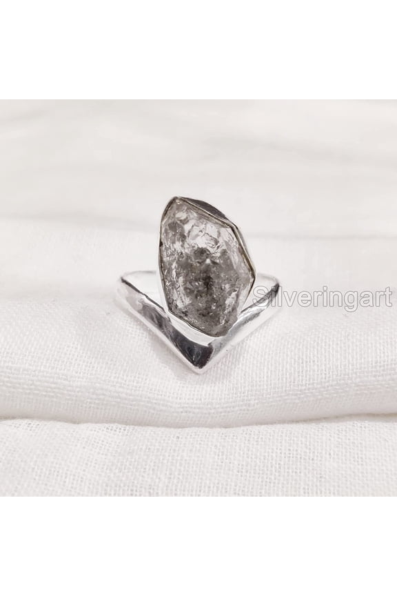 Natural Herkimer Diamond Ring, Rough Herkimer Diamond Ring, Birthstone, V Crown Band, 925 Sterling Silver, Womens Ring, Christmas, Thanksgiving, Handmade, Statement Jewelry, Rough Gemstone Jewelry
