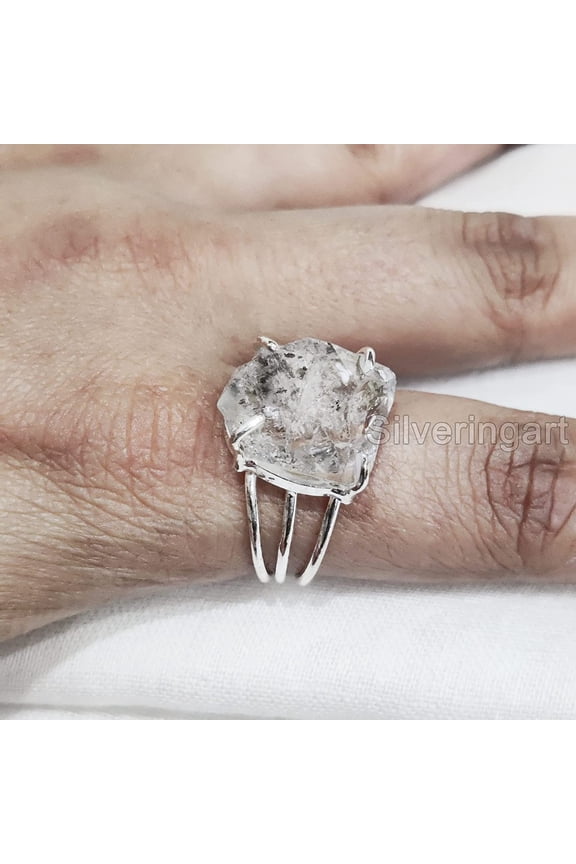 Natural Herkimer Diamond Ring, Rough Herkimer Diamond Ring, Birthstone, 3 Plain Band, 925 Sterling Silver, Womens Ring, Christmas, Thanksgiving, Handmade, Statement Jewelry, Rough Gemstone Jewelry