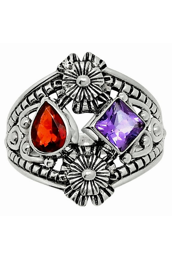 Natural Hessonite Garnet & Amethyst 925 Sterling Silver Ring s.8 Jewelry R-1740 SDR248045
