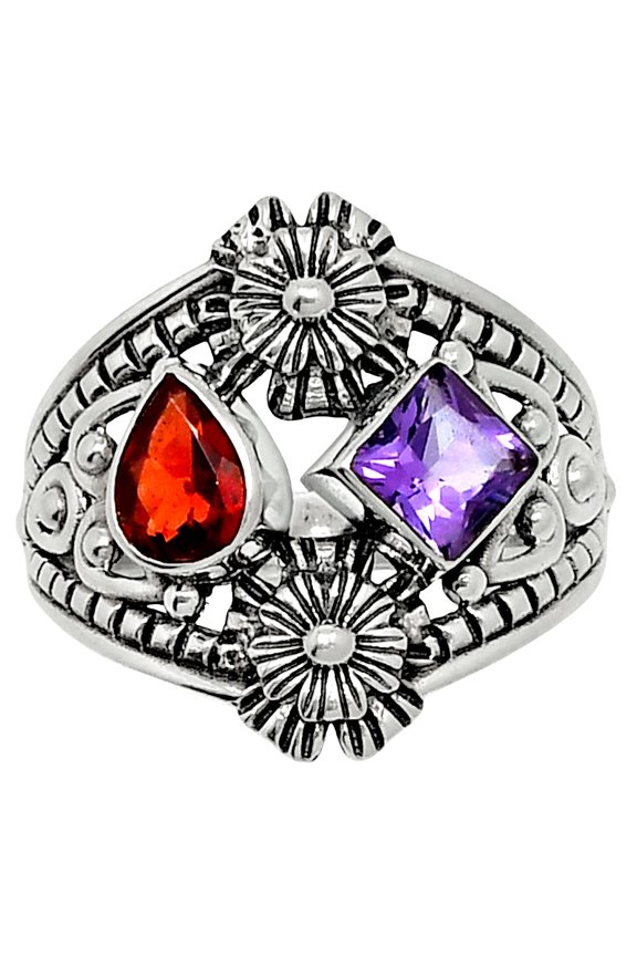 Natural Hessonite Garnet & Amethyst 925 Sterling Silver Ring s.9 Jewelry R-1740 SDR248039