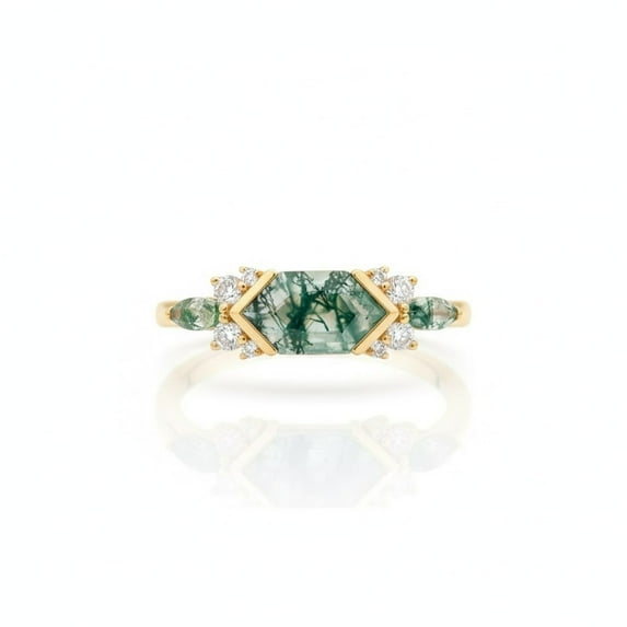 Natural Hexagon & Marquise Cut Moss Agate Engagement Ring, Diamond Wedding Ring, East West Moss Agate Ring, Moissanite Ring, Dainty Promise Ring, Birthstone Ring .