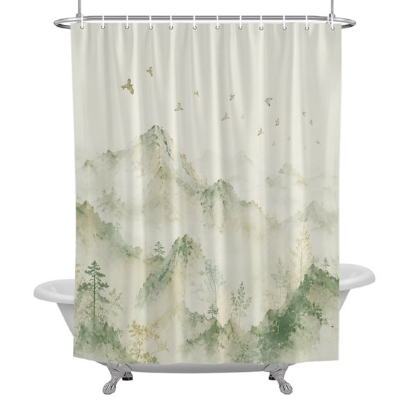 Natural Hills Shower Curtain, Green Slopes Forest Birds Sage Green Mist Waterproof Fabric Bathroom Shower Curtains Set with Hooks, 72 X 72 Inch Long