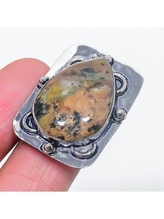 Natural Honey Dendritic Gemstone 925 Sterling Silver Jewelry Ring Size 7.5