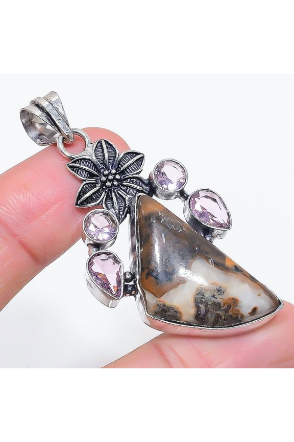 Natural Honey Dendritic, Kunzite 925 Sterling Silver Jewelry Pendant 2.36"