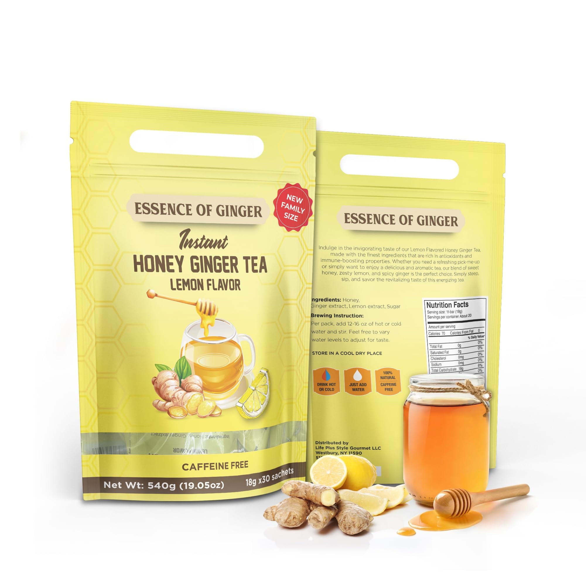 Natural Honey Lemon Ginger Root Herbal Crystals 30 Packets Instant