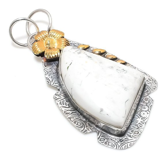 Natural Howlite Jasper Gemstone 925 Sterling Silver Two Tone Pendant 2.64"