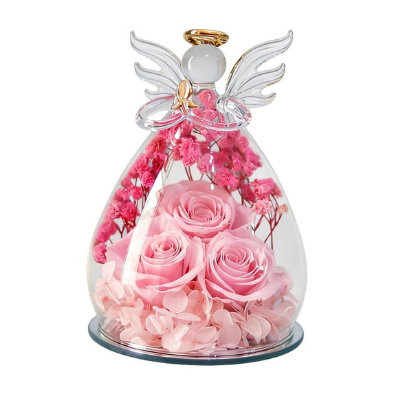 Natural Immortal Flowers Valentines Day Gifts, Angel Figurines Glass Cover with Preserved Forever Real Rose, Glowing Love Decorations Romantic Angel Flowers Gifts for Women, 1Pc(Pink,3.9x3.9x5.9")