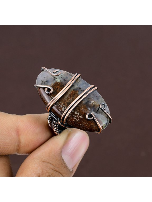Natural Imperial Jasper Gemstone Handmade Copper Wire Wrap Ring Size 5