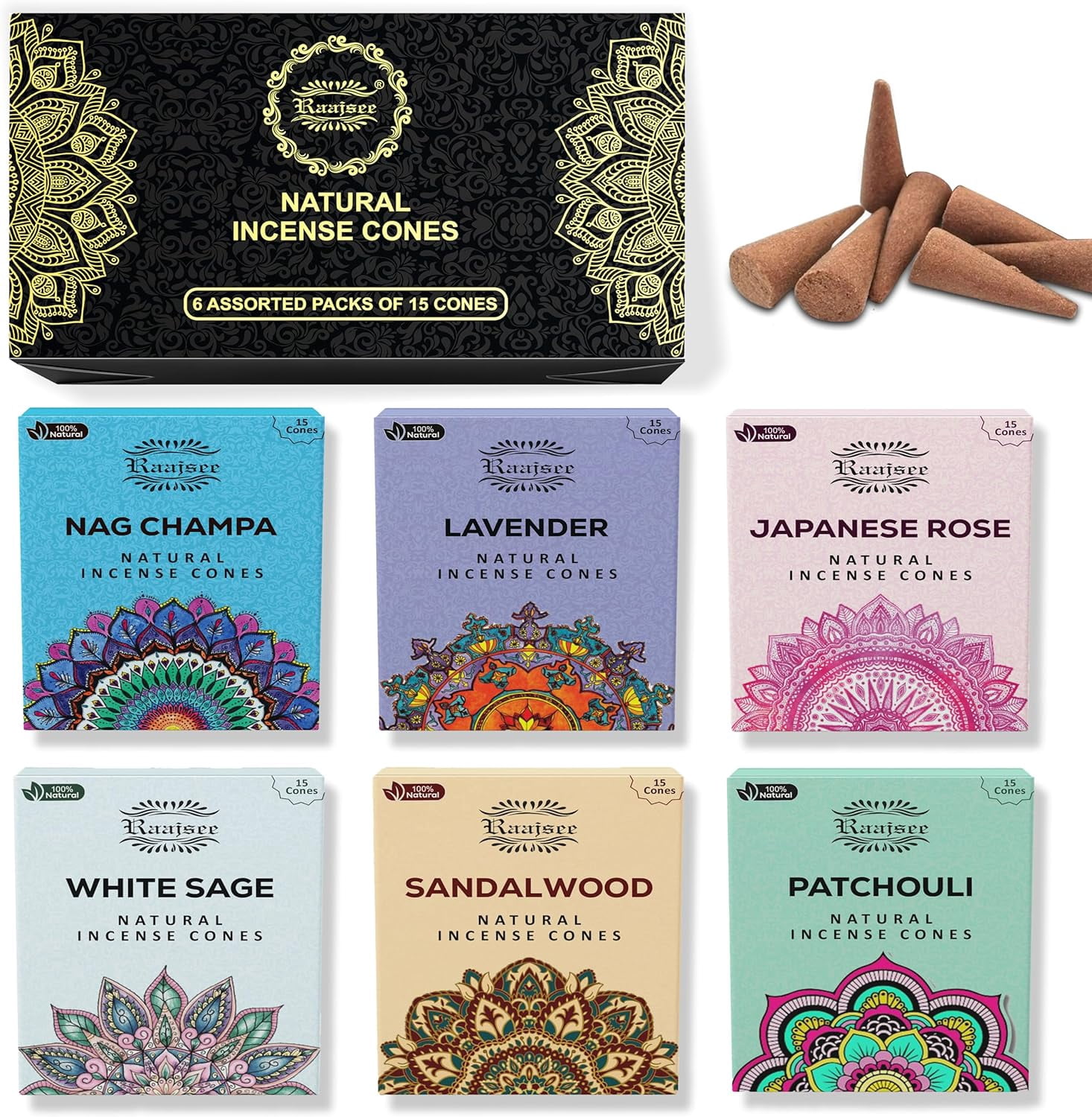 Natural Incense Cones,6 Pack Mixed Scents Gift Pack 15 pc Each (90 Total), Insense Cones Variety Pack, 100% Organic Non Toxic Natural - Hand Rolled Free from Cicals (Pack 1)
