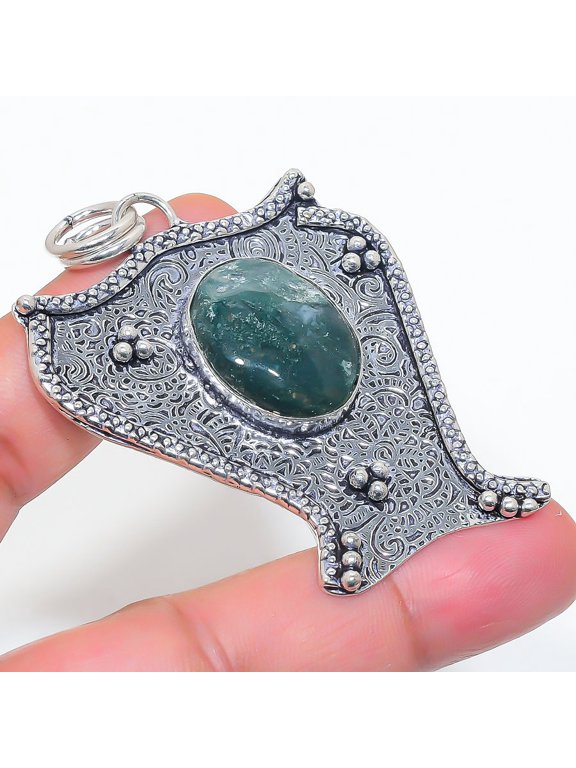 Natural Indian Moss Agate 925 Sterling Silver Jewelry Pendant 2.44"