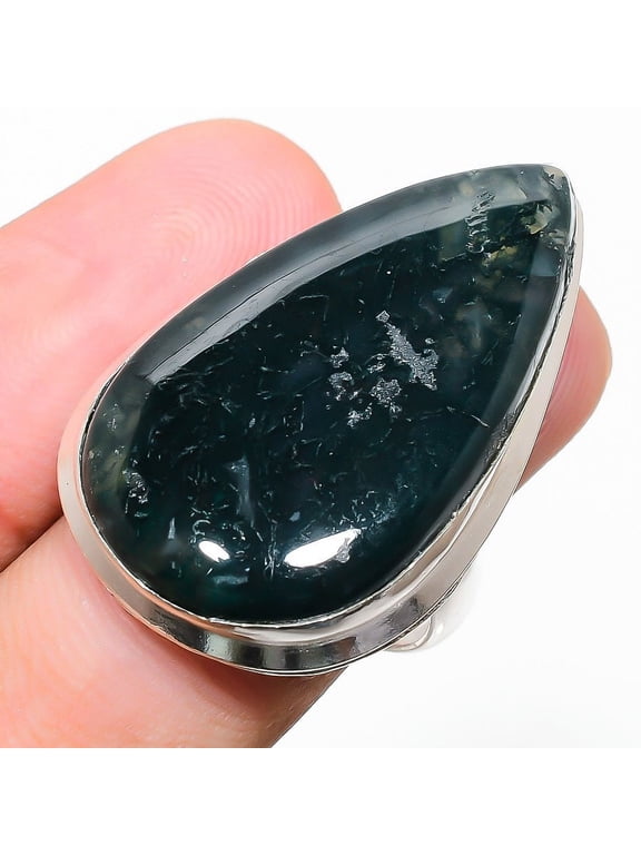 Natural Indian Moss Agate Gemstone 925 Sterling Silver Ring Size 6.5