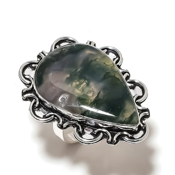 Natural Indian Moss Agate Gemstone 925 Sterling Silver Ring Size 9.5