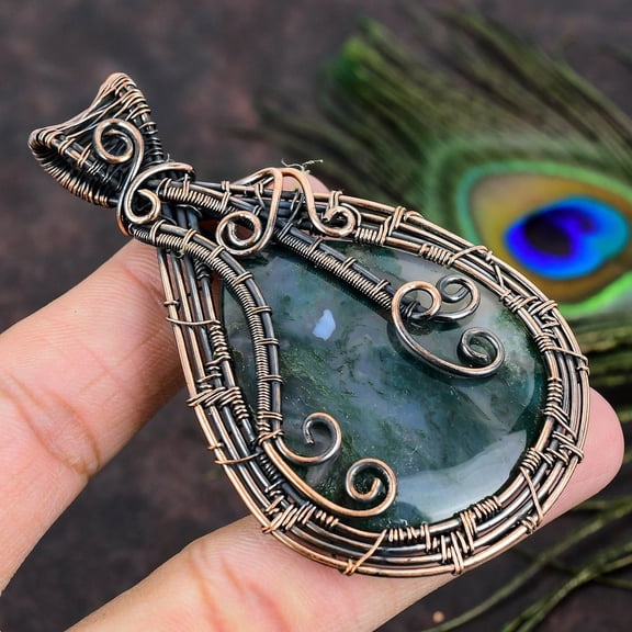 Natural Indian Moss Agate Gemstone Copper Wire Wrap Gift Pendant 3.35