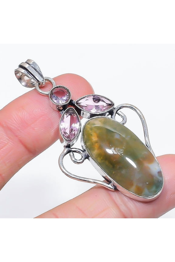 Natural Indian Moss Agate, Kunzite 925 Sterling Silver Pendant 2.40"