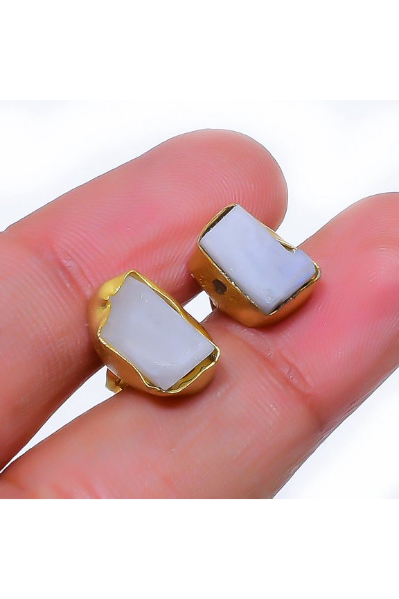 Natural Indian Rainbow Moonstone Rough 925 Sterling Silver Earring 0.7" LE-58, Handmade Jewelry, Dangle Earring