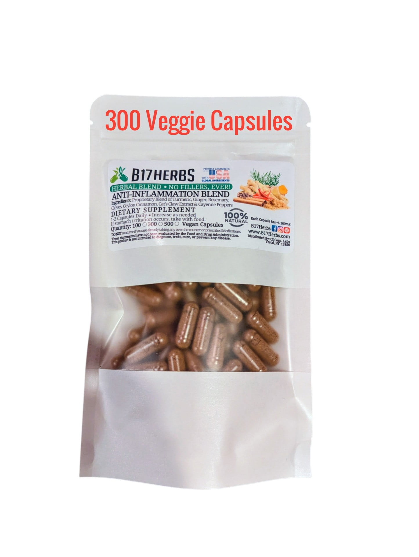 Natural Inflamm. Support Blend w/Turmeric, Ginger, Cloves & More, 500mg, 300 Veggie Capsules