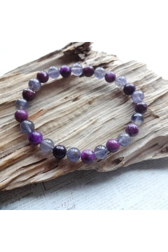 Natural Iolite & Lepidolite 8mm Round Shape Smooth Cut Beads Stretchable Bracelet for Men & Women.