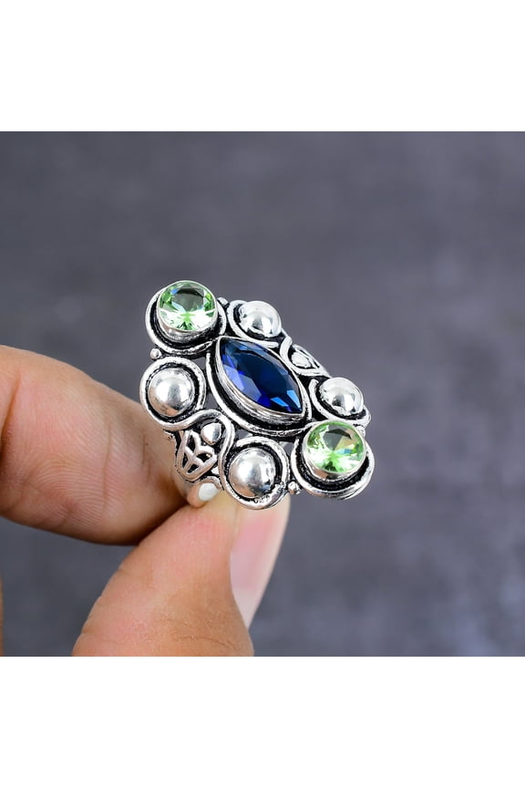 Natural Iolite, Peridot Gemstone Handmade 925 Sterling Silver Ring Size 7.5