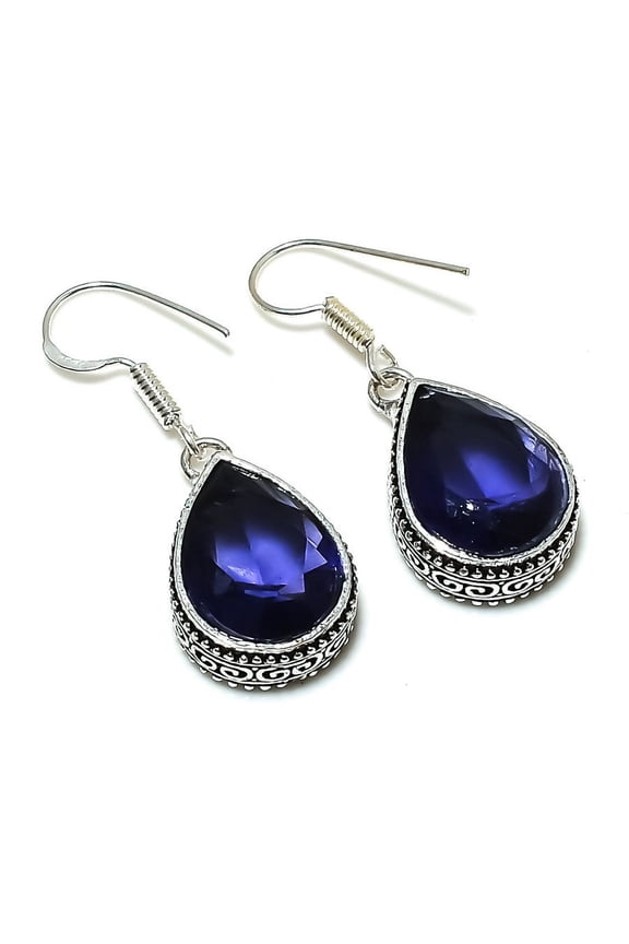 Natural Iolite Quartz Gemstone 925 Sterling Silver Gift Jewelry Earring 1.50"