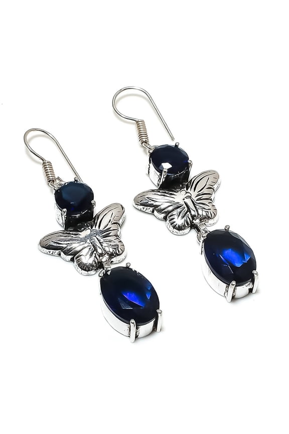 Natural Iolite Quartz Gemstone 925 Sterling Silver Jewelry Earring 2.25"