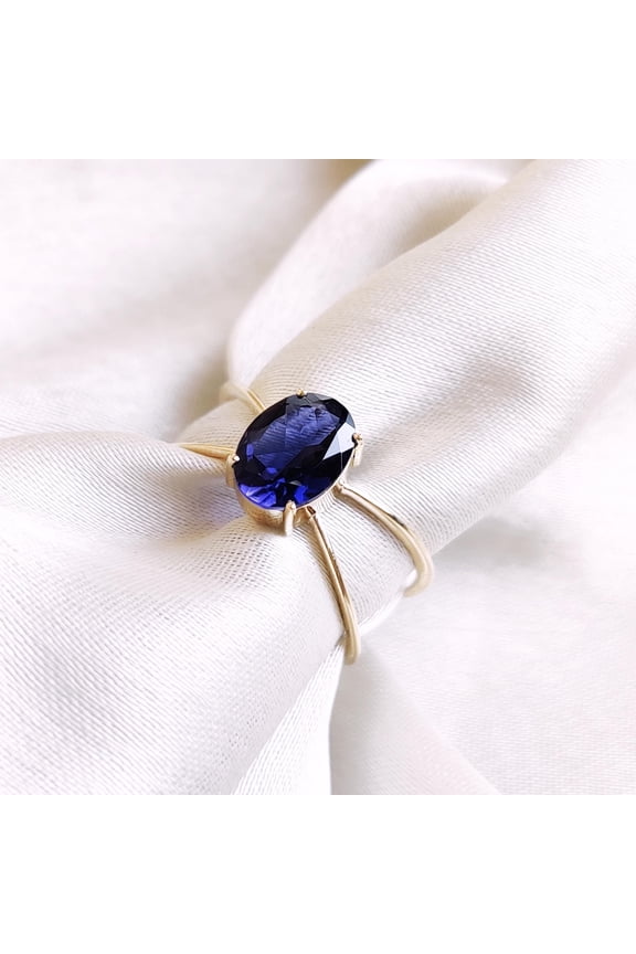 Natural Iolite Ring, 14K Solid Yellow Gold Iolite Ring, Iolite Cross Ring, September Birthstone Ring, Iolite Jewelry, Statement Ring