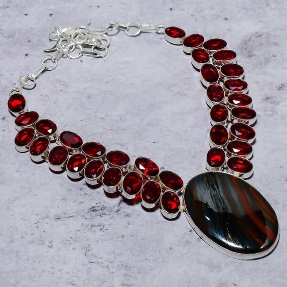 Natural Iron Red Jasper, Garnet Gemstone 925 Sterling Silver Necklace 18"