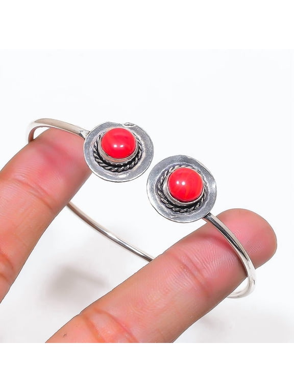 Natural Italian Red Coral 925 Sterling Silver Cuff Bangle Adjustable