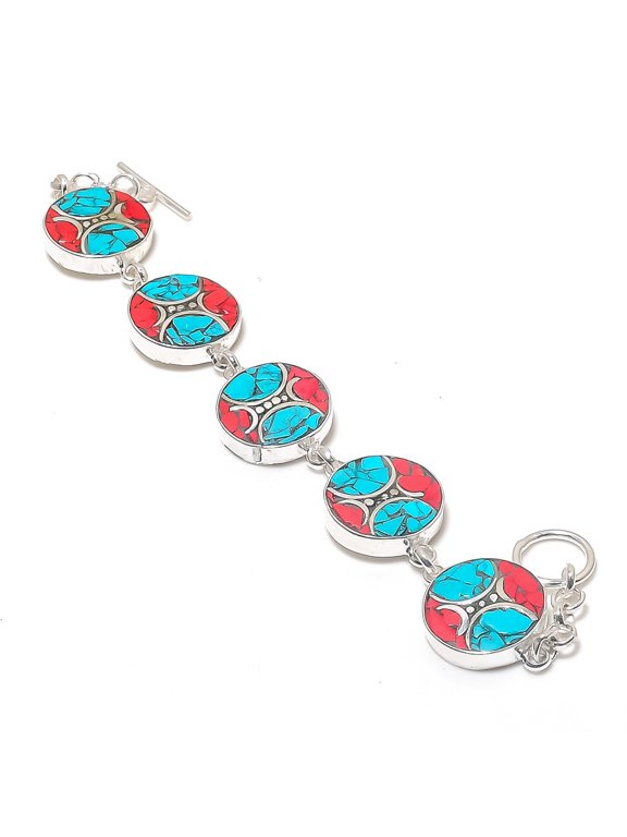 Natural Italian Red Coral Gemstone 925 Sterling Silver Bracelet 7-8"