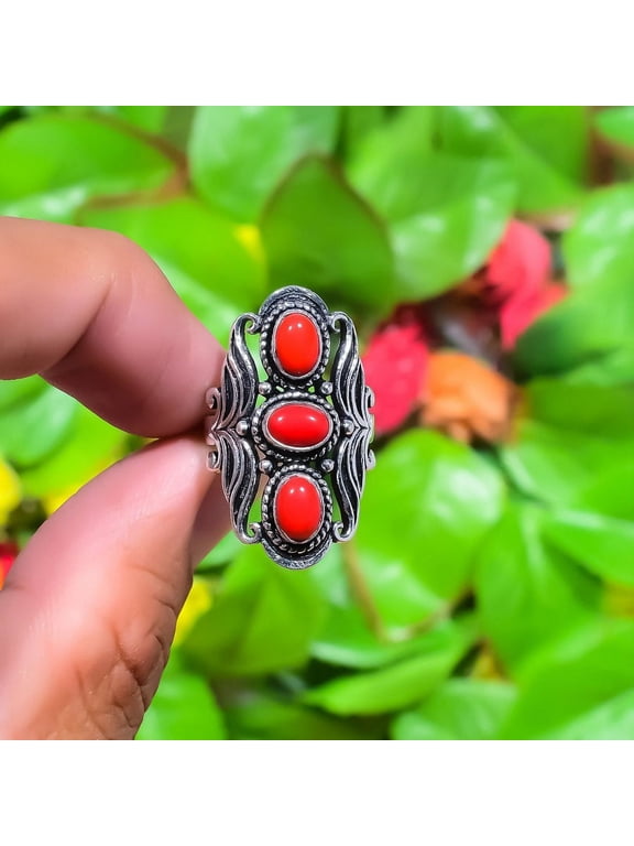 Natural Italian Red Coral Gemstone 925 Sterling Silver Gift Ring Size 6
