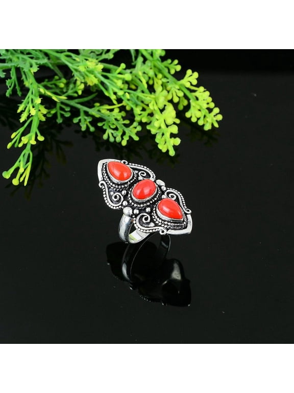 Natural Italian Red Coral Gemstone 925 Sterling Silver Gift Ring Size 7