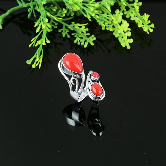 Natural Italian Red Coral Gemstone 925 Sterling Silver Gift Ring Size 9