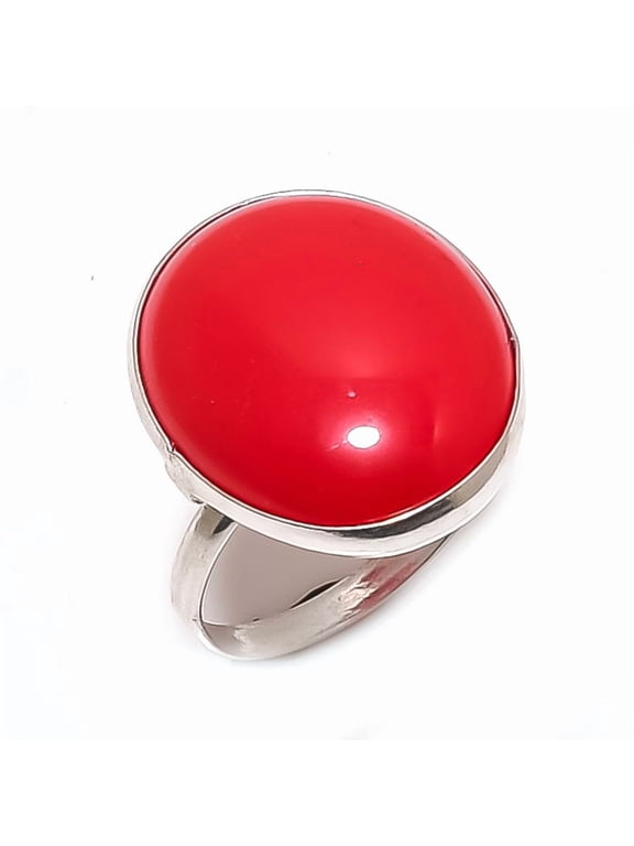 Natural Italian Red Coral Gemstone 925 Sterling Silver Jewelry Ring Size 7
