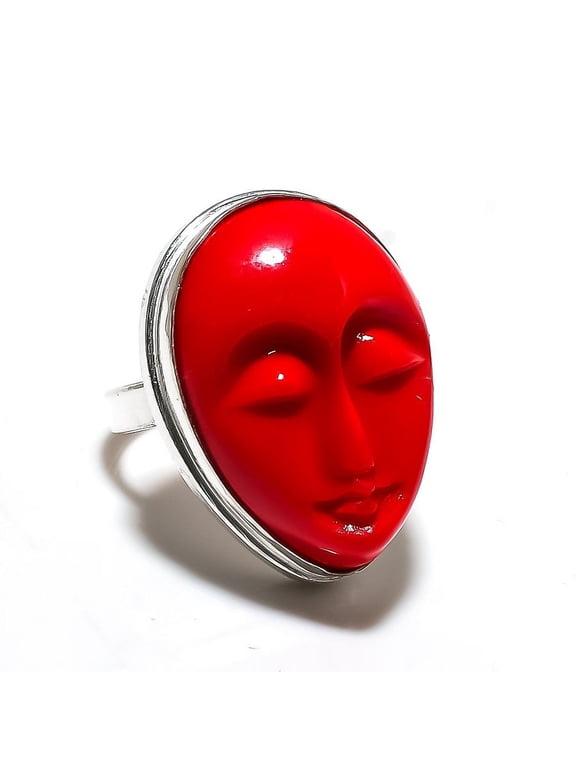 Natural Italian Red Coral Gemstone 925 Sterling Silver Ring Size 6.5