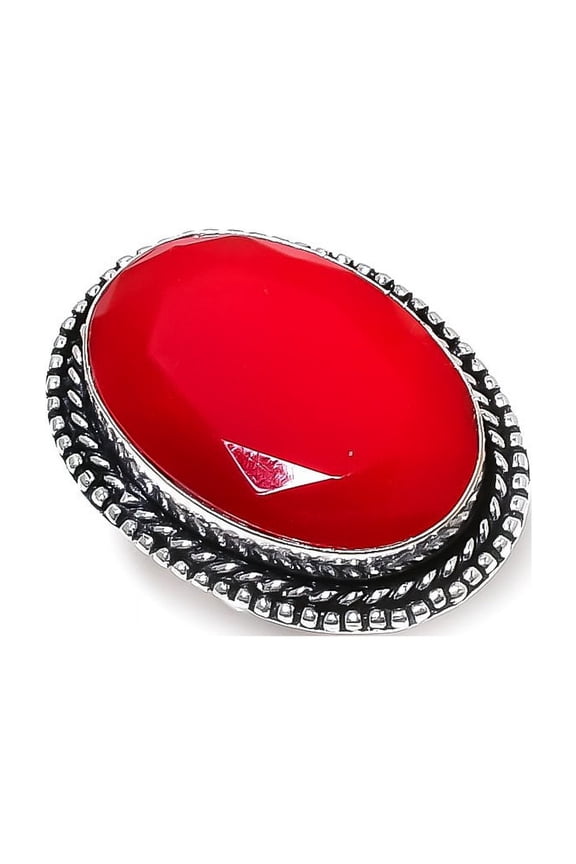 Natural Italian Red Coral Gemstone Handmade 925 Sterling Silver Ring Size 7