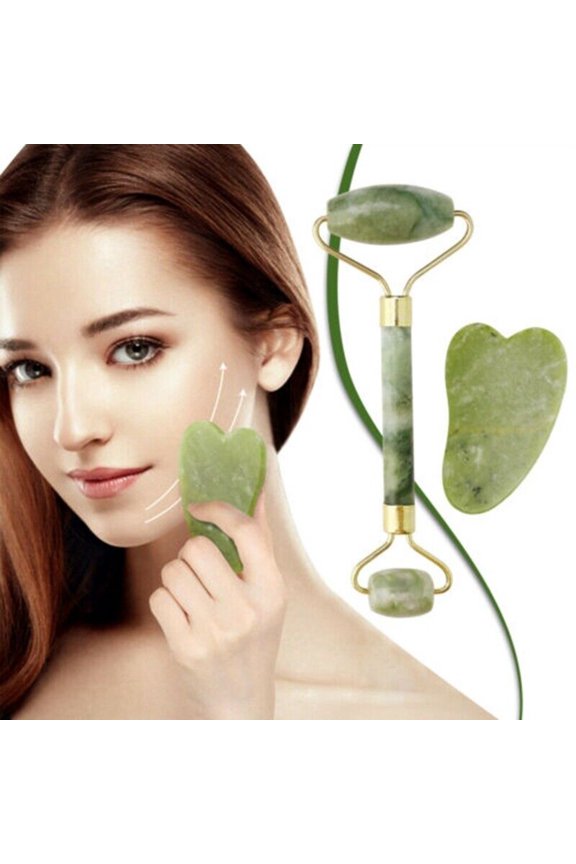 Natural Jade Crystal Beauty Facial Roller Massager Tool+ Scraping Chessboard Set