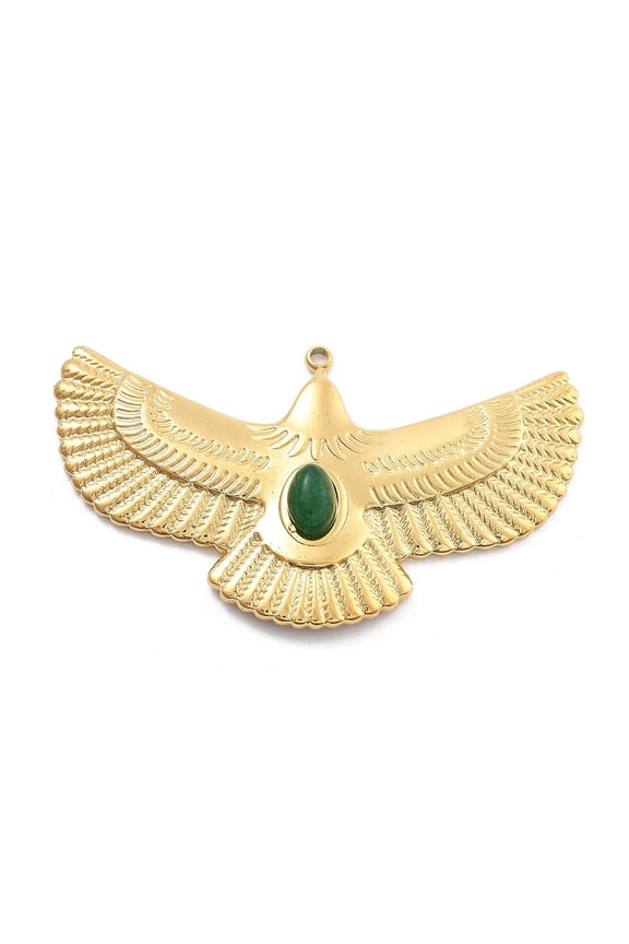 Natural Jade Pendants PVD Vacuum Plating 304 Stainless Steel Eagle Charms Real 18K Gold Plated 26.5x45x5mm Hole: 1.5mm