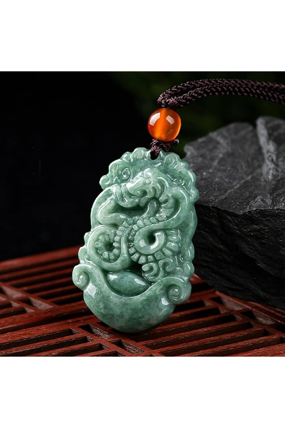 Natural Jadeite Pendant Necklaces with Resin Bead and Wax Rope the 12 Chinese Zodiac Snake 26.69 inch(67.8cm) Pendant: 35x23mm