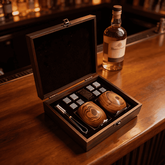 Natural Jujube Wood Whiskey Gift Set, 2 Handmade Unbreakable Wooden Tumblers with 8 Chilling Whiskey Stones, Tongs & Coasters, Insulated Barware Gift for Men, Husband, Dad, Bourbon Lovers