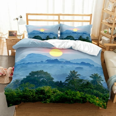 Natural Jungle Theme King Duvet Cover Forest Sunset Bedding Set Mountain Scenery Quilt Cover Polyester Comforter Cover