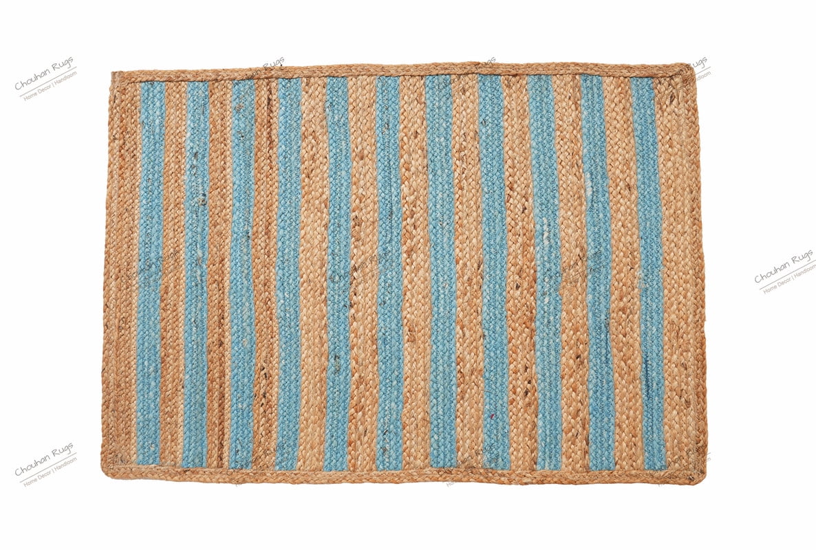 Natural Jute Area Rug Hand Braided Rug Cyan Scalloped Rectangle Rug
