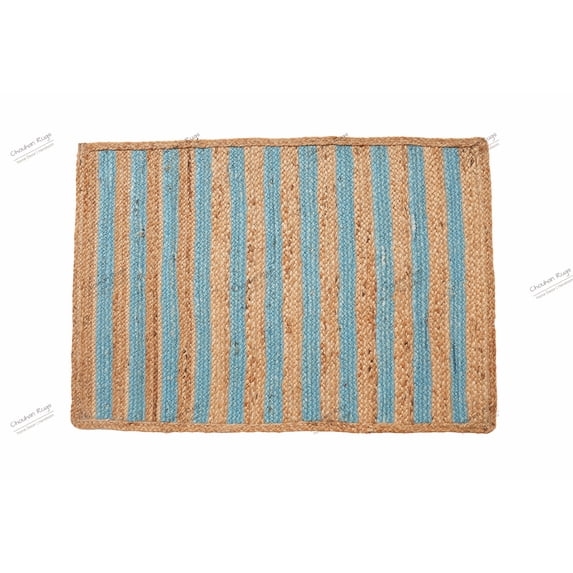 Natural Jute Area Rug Hand Braided Rug Cyan Scalloped Rectangle Rug
