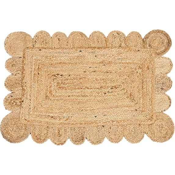 KALVEERA Coastal Boho Braided Off-White Scalloped Area Rug, 2'6" x 10', Non-Slip Backing