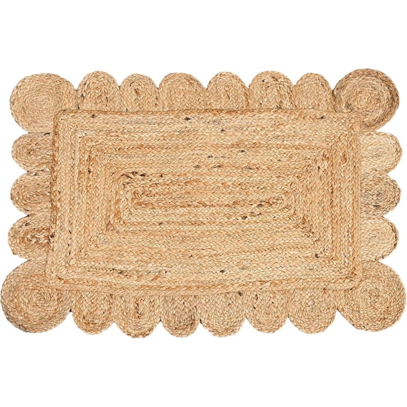 KALVEERA Coastal Braided Off-White Scalloped Area Rug, 2' x 12', Non-Slip Backing