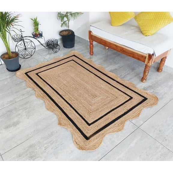 Natural Jute Area Rug with Scalloped Edges and Double Border Handwoven Floor Mat for Living Room, Bedroom Decor Black 5 x 5 ft