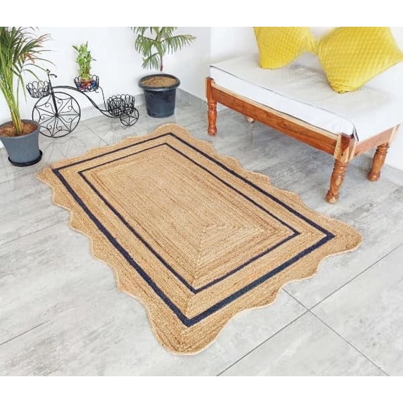 Natural Jute Area Rug with Scalloped Edges and Double Border Handwoven Floor Mat for Living Room, Bedroom Decor Blue 10 x 10 ft