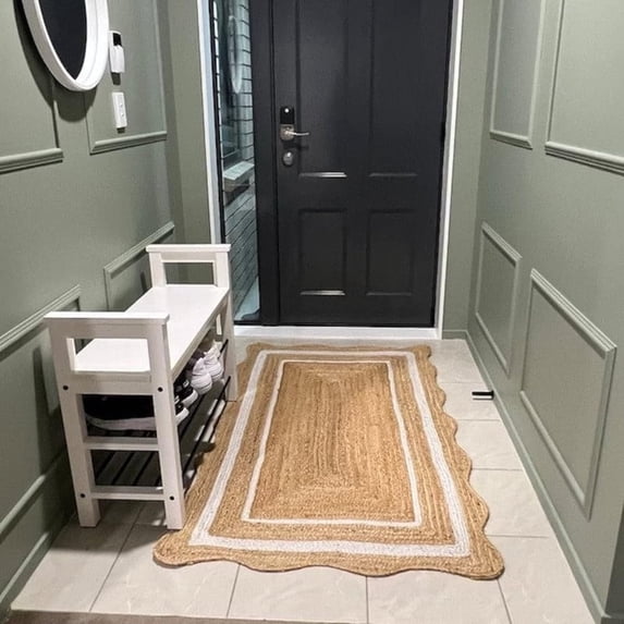 Natural Jute Area Rug with Scalloped Edges and Double Border Handwoven Floor Mat for Living Room, Bedroom Decor White 6 x 6 ft