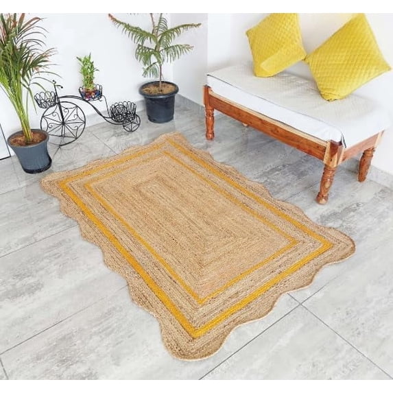 Natural Jute Area Rug with Scalloped Edges and Double Border Handwoven Floor Mat for Living Room, Bedroom Decor Yellow 10 x 12 ft